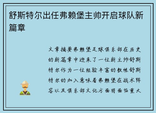 舒斯特尔出任弗赖堡主帅开启球队新篇章 舒斯特尔出任弗赖堡主帅开启球队新篇章